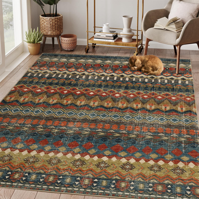 5x7 Washable Area Rug Distressed Geometric Print Mat Living Room Foldable Thin Rug Indoor Non Slip Carpet Non-Shedding Vintage Floor Cover for Bedroom Dining Room, Multi Color