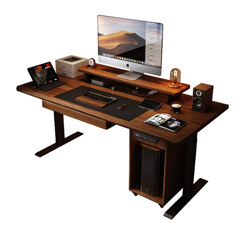 Bureau en bois d'hévéa électrique à hauteur réglable, bureau de bureau à domicile avec tiroirs