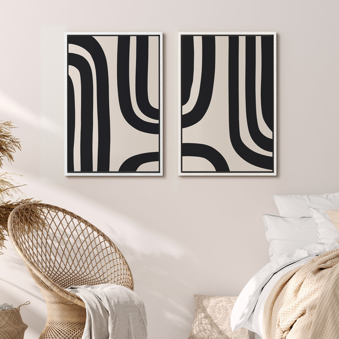 Geometric Line Shape Mid Century Modern Black Abstract Spiral Neutral Decor Framed On Canvas 2 Pieces Print Wall Art IDEA4WALL Frame