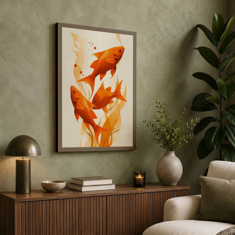 Goldfish Among Plants Boho - Wrapped Canvas, 36x24 - 91.4 x 61.0 cm, Teal Border