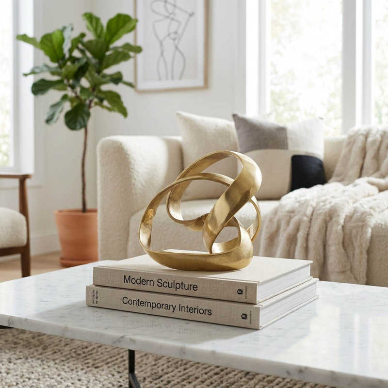 Modern Metal Knot Sculpture Figurine for Home Decor - Decorative Object for Shelf Display or Living Room Decoration - 8", Gold