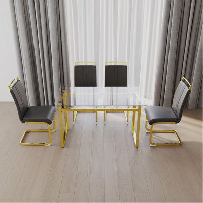 Ensemble de table de salle à manger en verre 51 pouces pour 4 personnes, ensembles de table et chaises avec pieds dorés pour la cuisine, plateau de table rectangulaire moderne en verre trempé et chaise de salle à manger en polyuréthane sans accoudoirs pour la salle à manger
