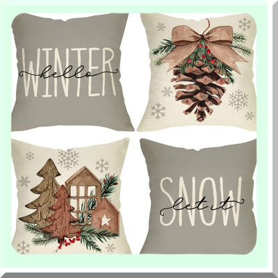 Winter Wonderland Pillow Cover Set - Pine Cone & Snowflake Decorative Cushion Case Collection for Sofa Couch - Let It Snow Tree & Berry Design - Pack of 4