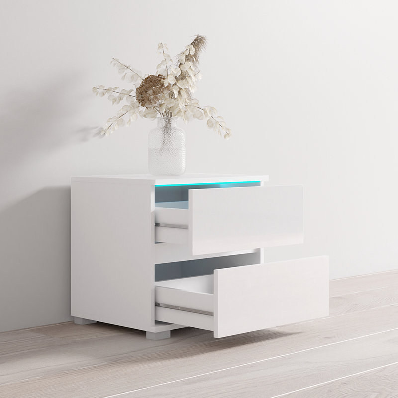 Table de chevet 19,7 po avec éclairage DEL 16 couleurs Astorga, finition brillante, Blanc