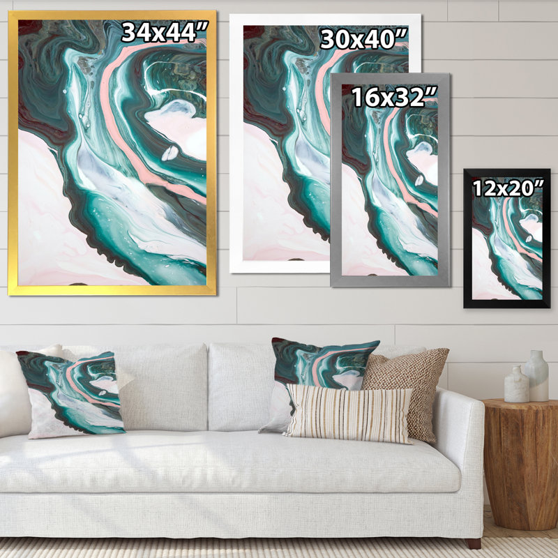 Rose et bleu clair univers de marbre - peinture sur toile, H 44 po x l 34 po, Toile avec cadre de coin noir fermé