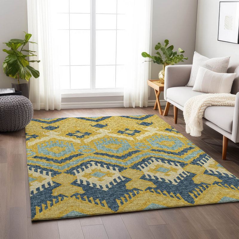 Tapis jaune Premium Alliah AMF108 lavable à la machine, Rectangle de 10 pi x 14 pi