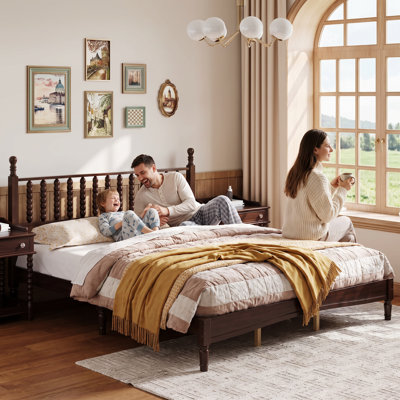 Dark Walnut King Size Retro Wood Platform Bed, Classic Gourd Shaped Headboard with Durable Full Wooden Slat Support System