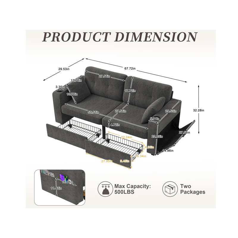 67.7'' Upholstered Loveseat With Charging Station, Gray