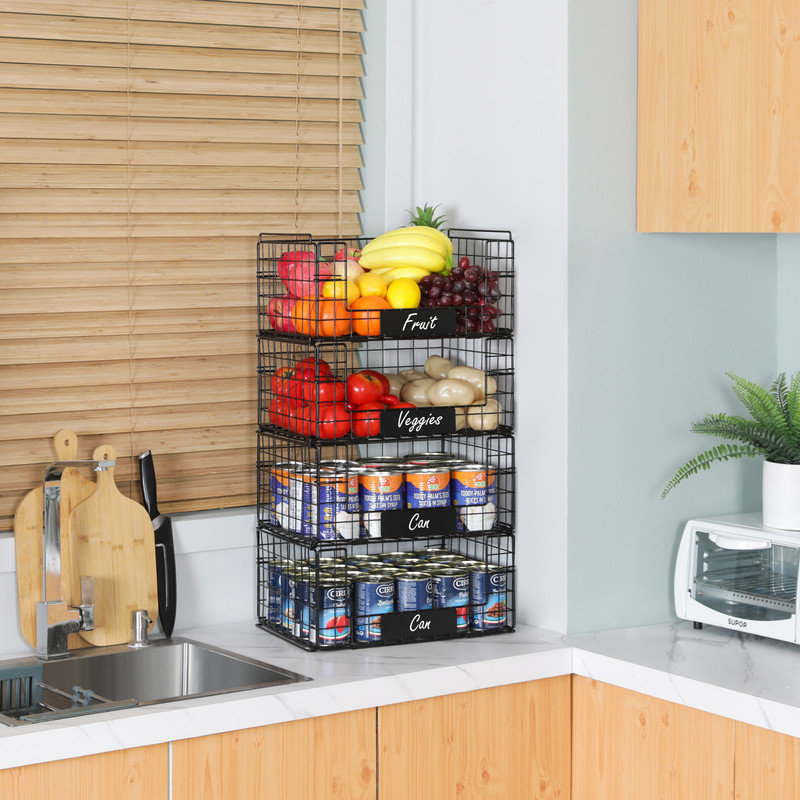 4 Pack XXL Stackable Wire Baskets with Handles for Pantry Storage and Organization, Fruit and Vegetable Basket with Name Plates, Metal Storage Bins for Snack Can Fruit Vegetables