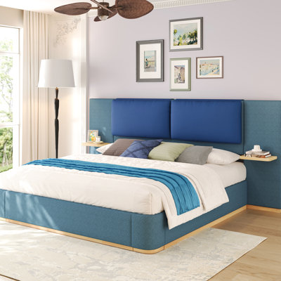 Grand lit, lit plateforme tapissier, coins moelleux Collision, rangement pratique, look moderne et élégant, tête de lit rembourrée, support, cadre de lit bleu sans sommier avec panneau, stable et
