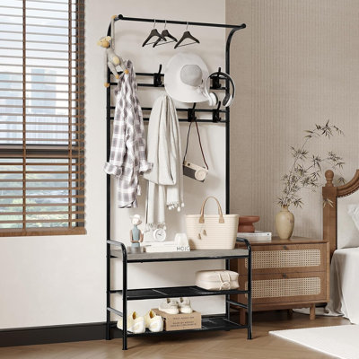 4-in-1 Hall Tree Shoe Bench For Entryway, Coat Tree With Bench Storage Shelf And 8 Hooks