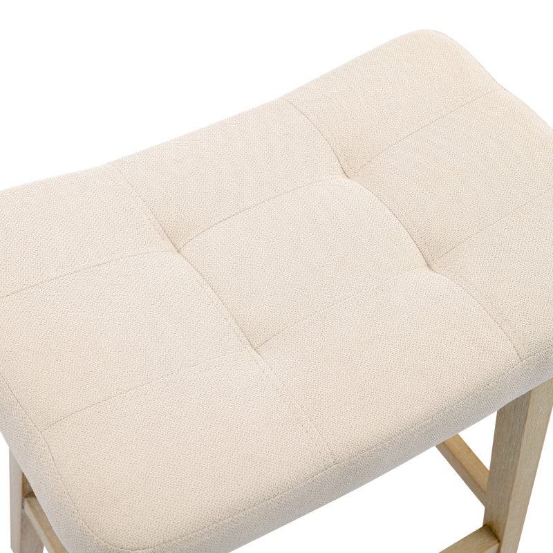 24" Solid Wood Beige Saddle Bar Stools Ideal for Kitchen Island and Counter, Linen Beige Seat/Natural Frame