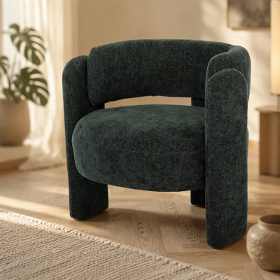 Fauteuil d'appoint moderne à dossier ajouré, en tissu texturé et accoudoirs incurvés, idéal pour une assise élégante et confortable dans n'importe quelle pièce.