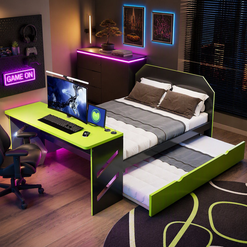 Lit de jour en bois pleine grandeur avec lit gigogne simple, bureau et USB, vert