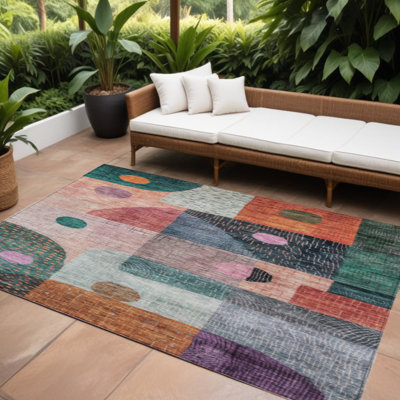 Tapis extérieur lavable à motif géométrique orange 8 pi x 10 pi mauve et vert
