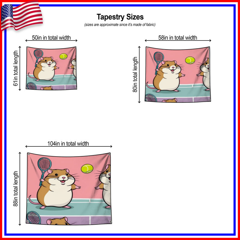 Tapisserie murale Hamsters jouant au tennis - Décoration murale tennis, H 104 po x 88 avec 4 œillets