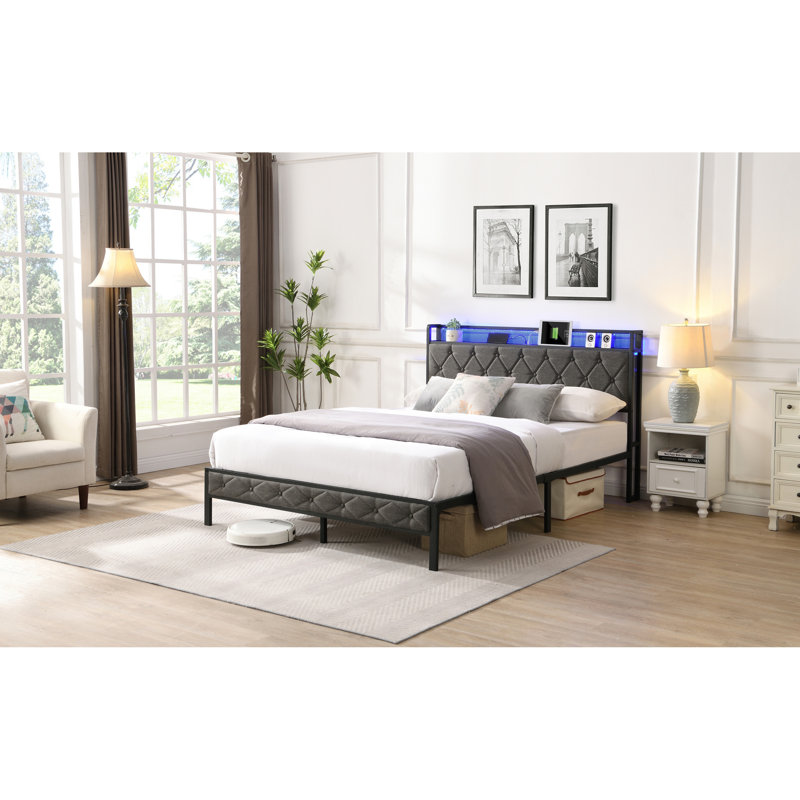 Mesum Fabric Upholstered Frame with LED Lights, Full / Double