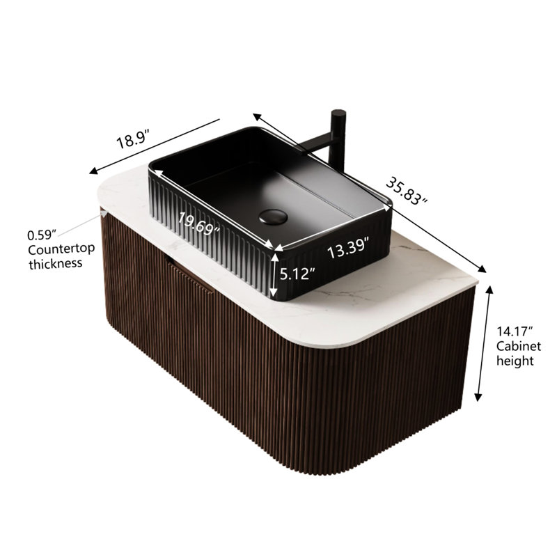 Meuble-lavabo mural de 91 cm (36 po) avec fini rayé 3D en noyer foncé, comptoir en céramique, tiroir à fermeture amortie, lavabo rectangulaire, armoire et préperçage pour robinetterie.