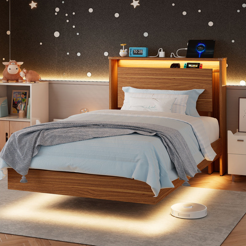  Base de lit flottante pleine grandeur avec tête de lit et station de charge, base de lit plateforme en bois avec lumières DEL, sans bruit, aucun sommier nécessaire - facile à assembler - noyer