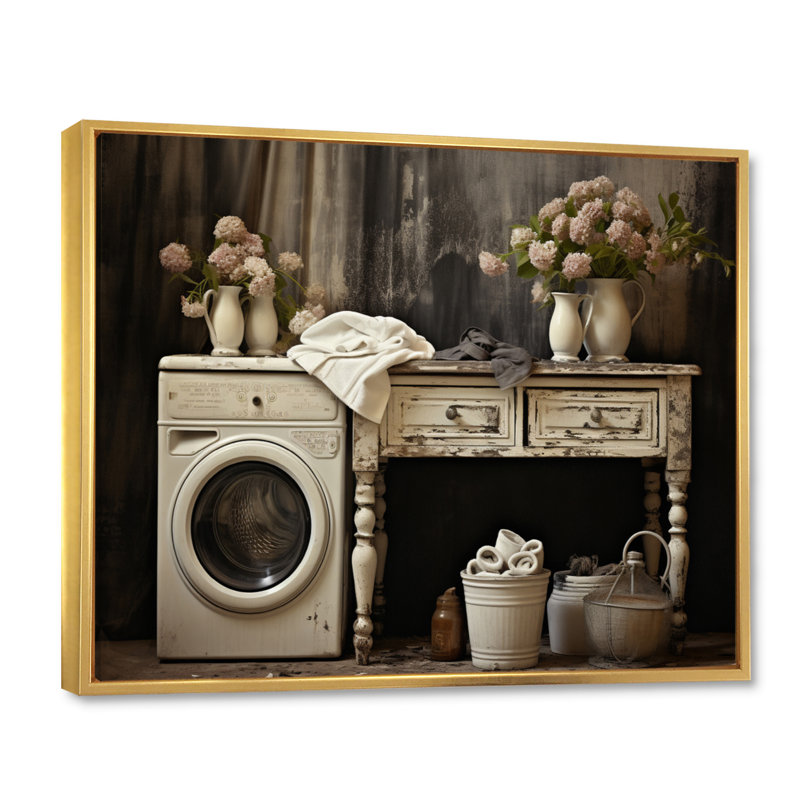 «Farmhouse Laundry Charm II», art mural, H 16 po x l 32 po x P 1 po, Cadre flottant doré