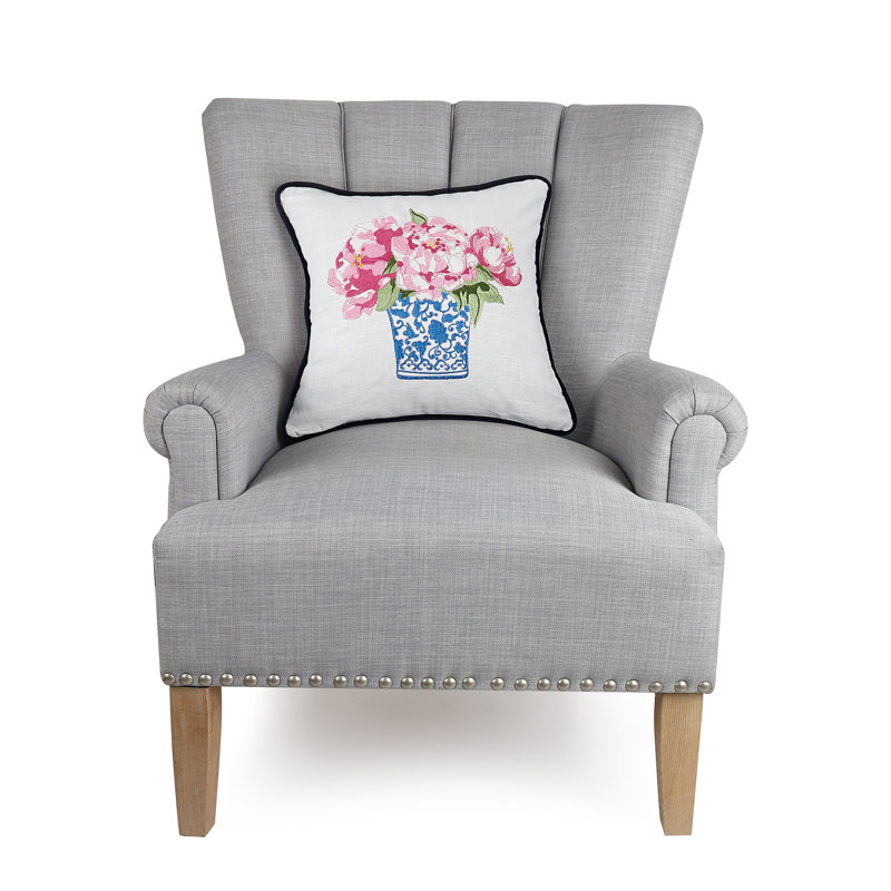 Pink Embroidered Cotton Flower Square Pillow 16x16 Inch