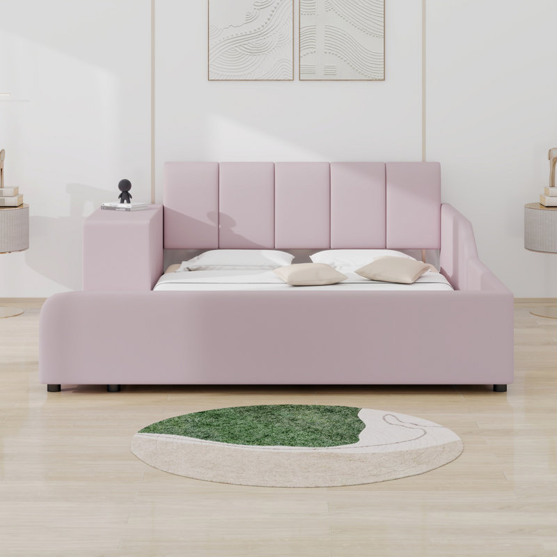 Lit tapissier à la terre, lit mère et enfant avec bureau de chevet et petit tabouret rond, Rose