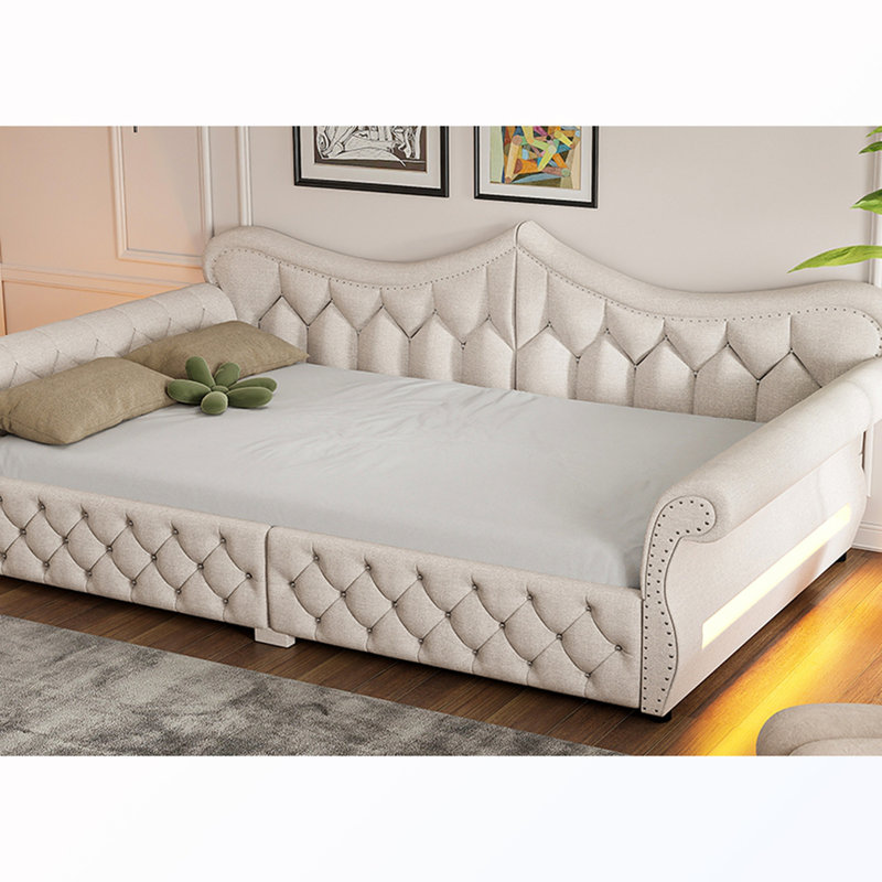 Queen Size Upholstered Daybed with LED and Nail Decoration, Beige