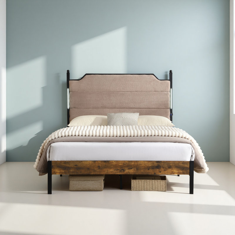 Cadre de lit, tête de lit tapissier avec lumières DEL rechargeables et tactiles, rangement sous le lit, aucun sommier nécessaire, sans bruit