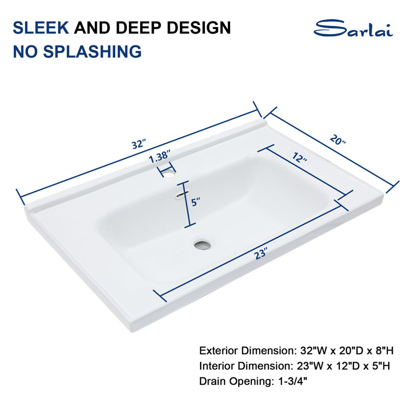 32" W x 20" D Rectangular White Ceramic Single Bathroom Vanity Sink Top with Overflow (Sink Only)