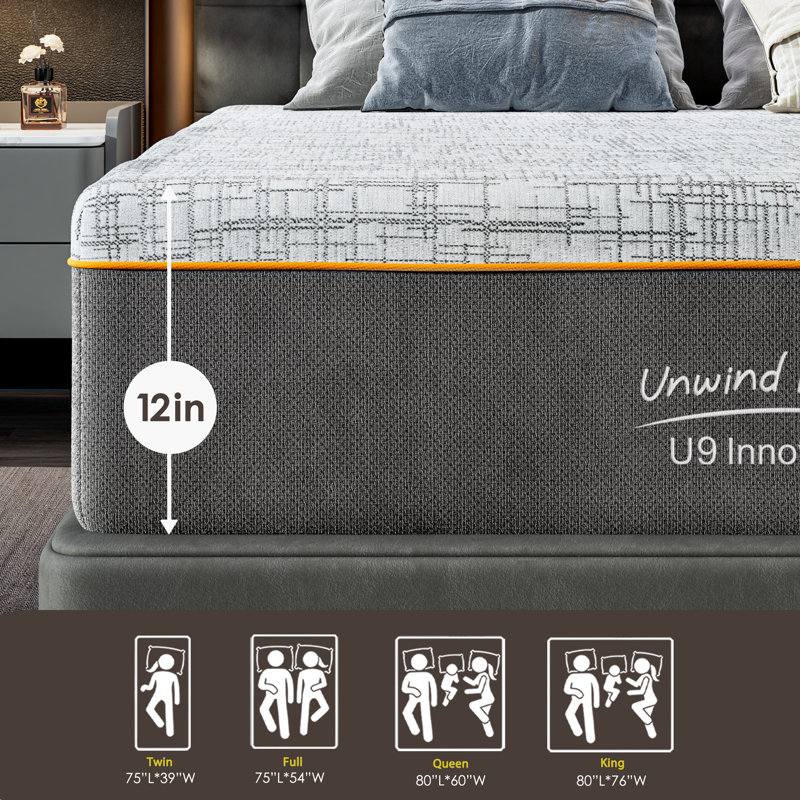 12" Gel Memory Foam Medium Mattress with Removable Cover, 12", Queen