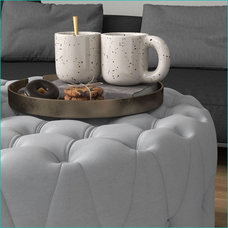 Repose-pieds de 31,5 po en velours capitonné à boutons pour salon, vestibule et meuble-lavabo | Gris clair | Polyester