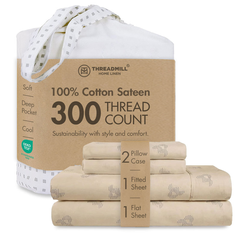 300 Thread Count 100% Cotton Jacquard Sheet Set in Sateen Weave, Full Sheet Set with 2 Pillowcases, Beige Patriot
