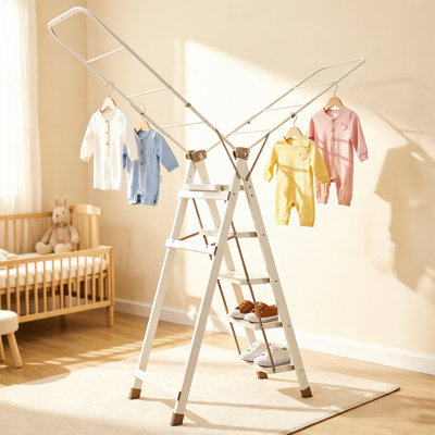 Foldable 2-In-1 Ladder & Clothes Drying Rack With High Hanger, 5-Level Adjustable Wings, Shoe Rack, Crossbar & Vertical Rod – Heavy Duty Carbon Steel Laundry Stand For Indoor/Outdoor Use