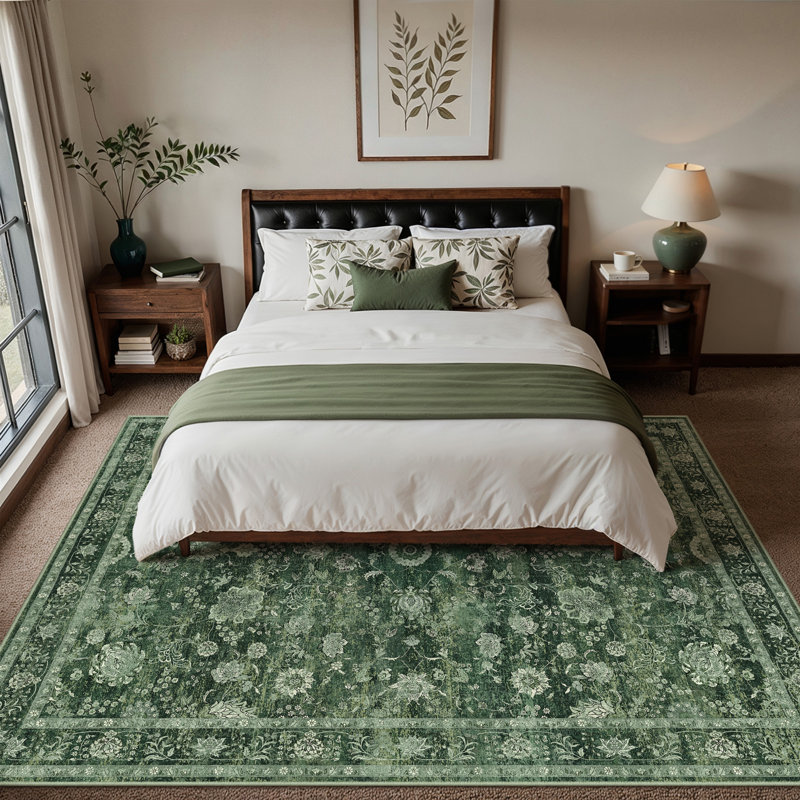 Patty Oriental Green Vintage Area Rug With Non-Slip Backing, Rectangle 9' x 12'