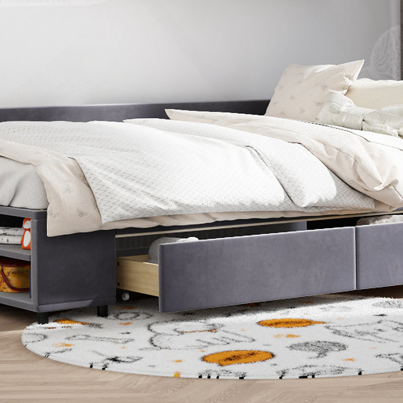Lit plateforme tapissier en L avec tiroirs, Gris