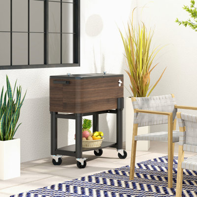 Outdoor Cooler Cart 60Qt - Brown. Portable With Locking Wheels. Highly Insulated To Keep Beverages Cold For 36 Hours. Includes Built-In Bottle Opener And Drainage Cap Rolling Patio 60 Quart, Steel