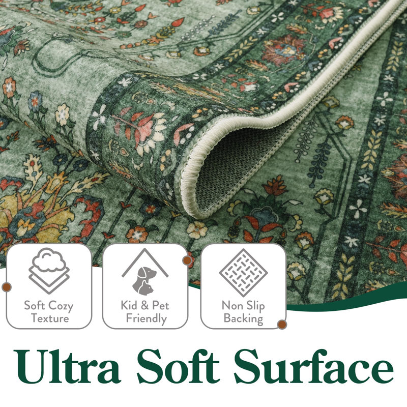  Kaldi Vintage Floral Washable Green 5X7 Area Rugs for Living Room Bedroom, Non Slip Oriental Low-Pile Rug for Entryway Dining Room Carpet