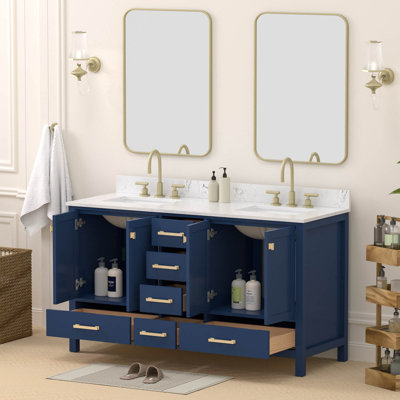 60" Solid Wood Freestanding Double Bathroom Vanity With Engineered Stone Top