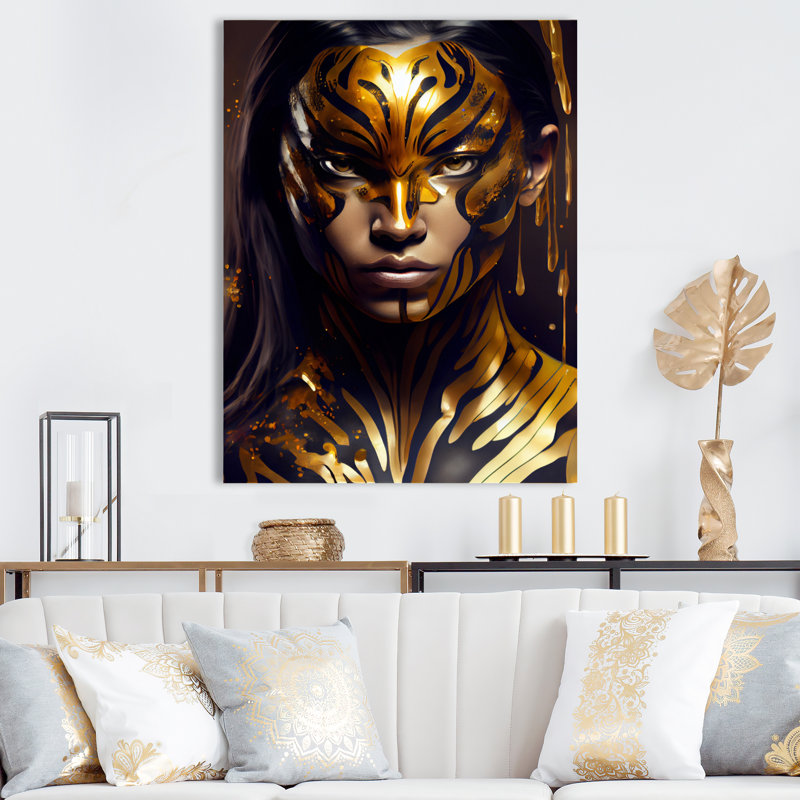 Tigre Haydan noir et doré femme V - décoration murale glamour contemporaine en métal, H 32 po x l 16 po x P 1 po