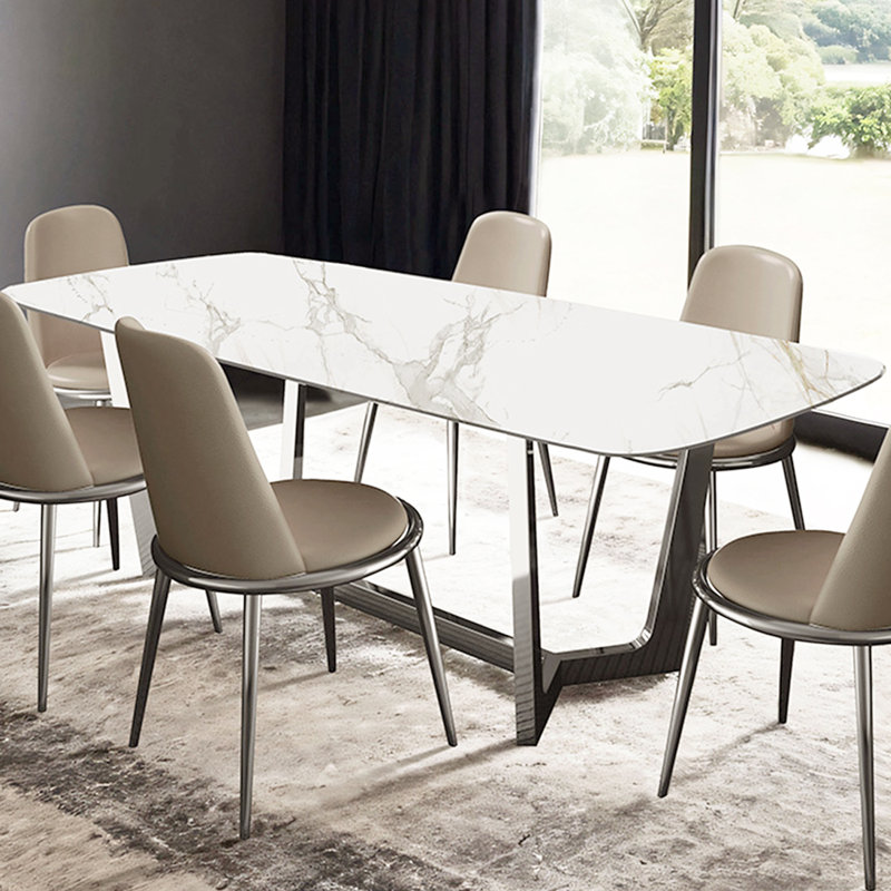 Rectangular Dining Table With Metal Trestle Legs, Silver