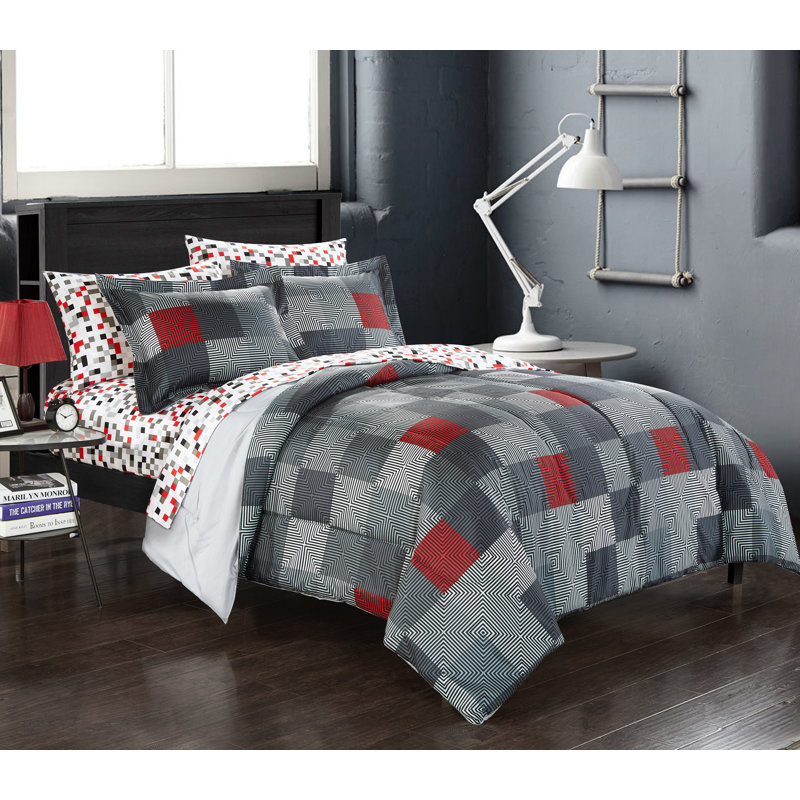 Gray and Red Geometric Cotton Queen Bed in a Bag Set
