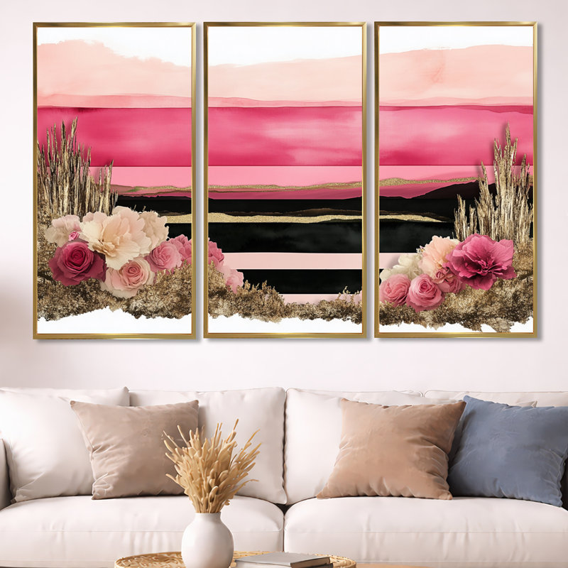 «Pink Dawn in Quiet Lines I», ensemble d'art mural encadré paysage coucher de soleil 3, H 40 po x l 60 po
