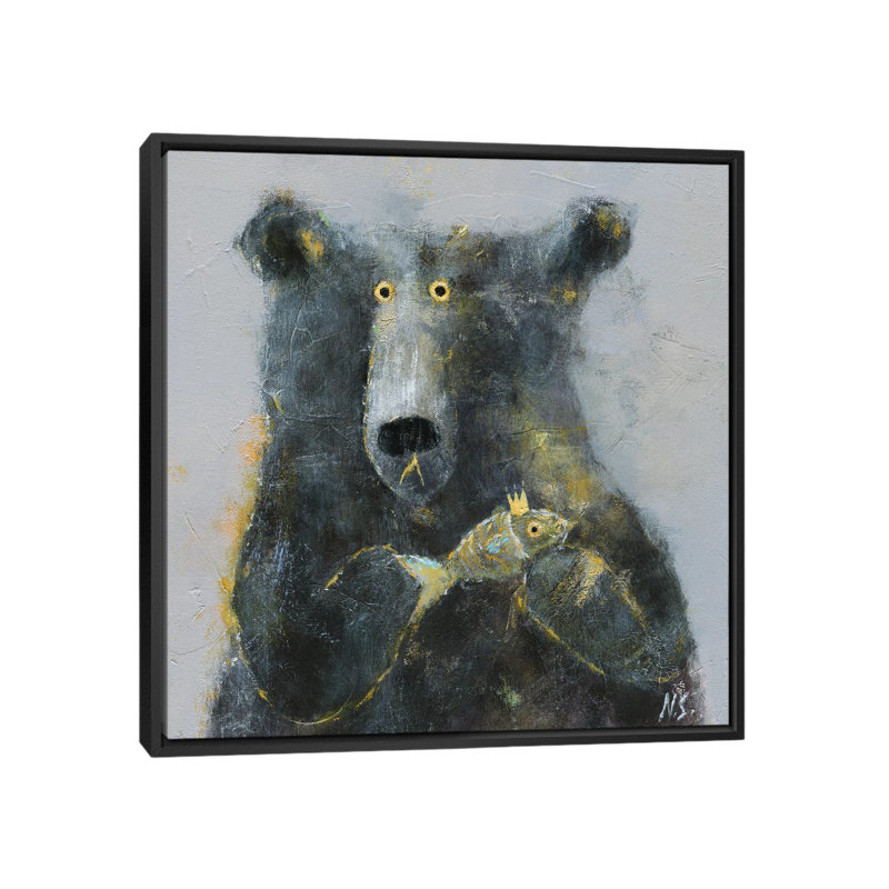 L'ours avec poisson NSL23, H 26 po x l 26 po x P 1,5 po, Toile avec cadre noir