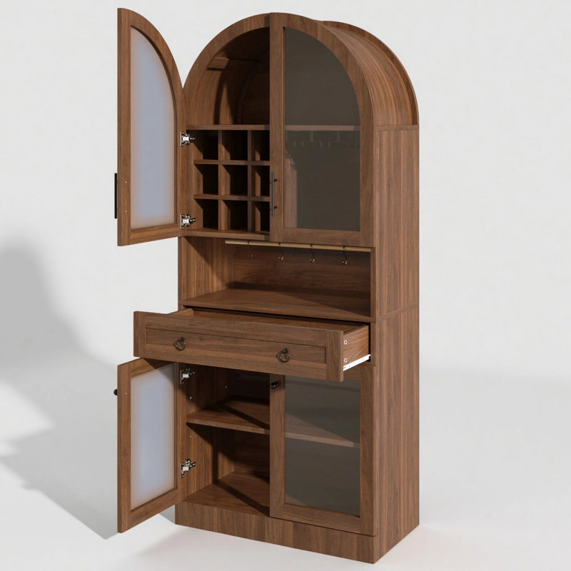 Bar à vin 70 po de hauteur avec portes en verre, support à 9 bouteilles, tiroir et tablettes de rangement, Noyer