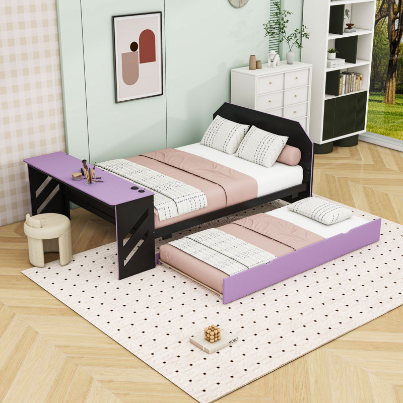 Lit de jour double en bois avec bureau, lit gigogne simple et port USB