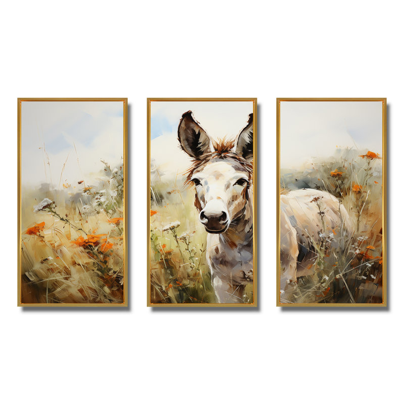 Donkey Flower Meadow Landscape II - âne, art mural, Cadre flottant doré, H 32 po x l 48 po