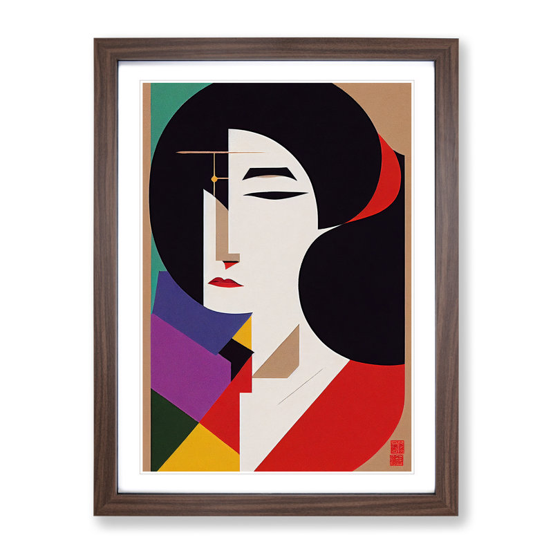 XV1022-4271X Sublime Abstract Geisha - Print, Walnut Framed Paper, White, 66cm H x 48cm W