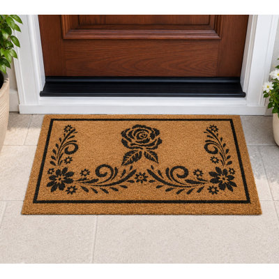 Heavy Duty Natural Coconut Coir Indoor/Outdoor Entryway Doormat Door Mat with Black Floral Rose Design - 17"x29"