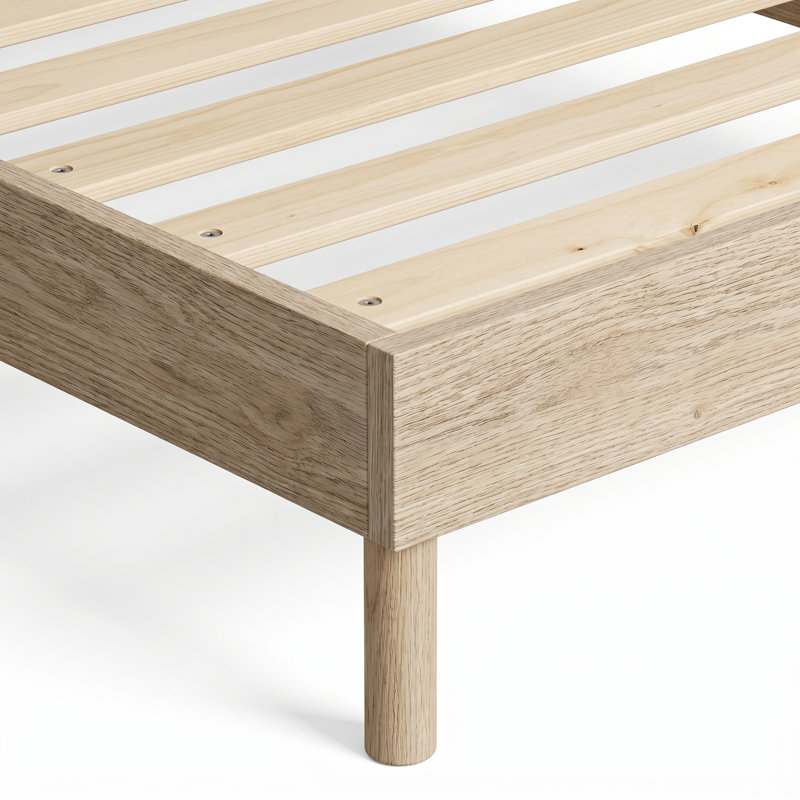Cadre de lit double plateforme avec sommier à lattes en bois, format standard, design moderne du milieu du siècle, fini bois naturel, aucun sommier requis
