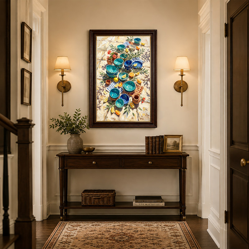 Art mural sur toile en céramique bleue avec citrons oranges et branches olive, H 24 po x l 16 po